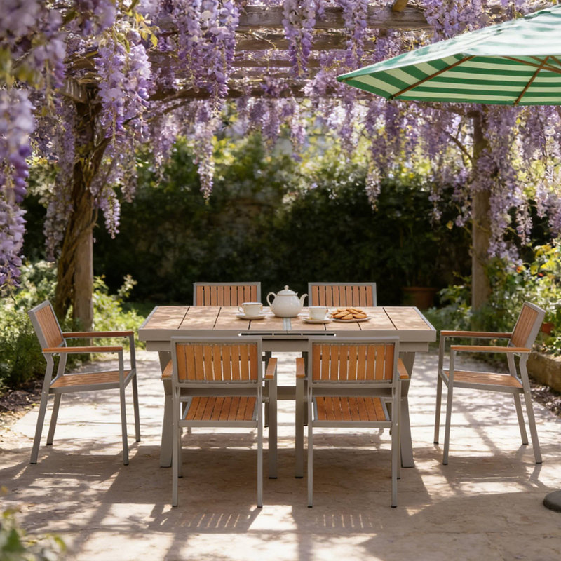 Ensemble de salle à manger extensible 7 pièces avec 6 chaises, idéal pour les repas de patio et les chaises longues, Chameau