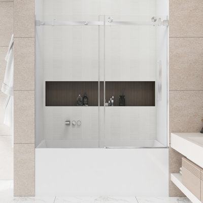 56-60 "W X 60" H Frameless | Single Sliding | Bathtub Shower Door | 1/4 Inch Transparent Glass With Explosion Proof Film | Stainless Steel Handle | Square Tube Track | Brushed Nickel