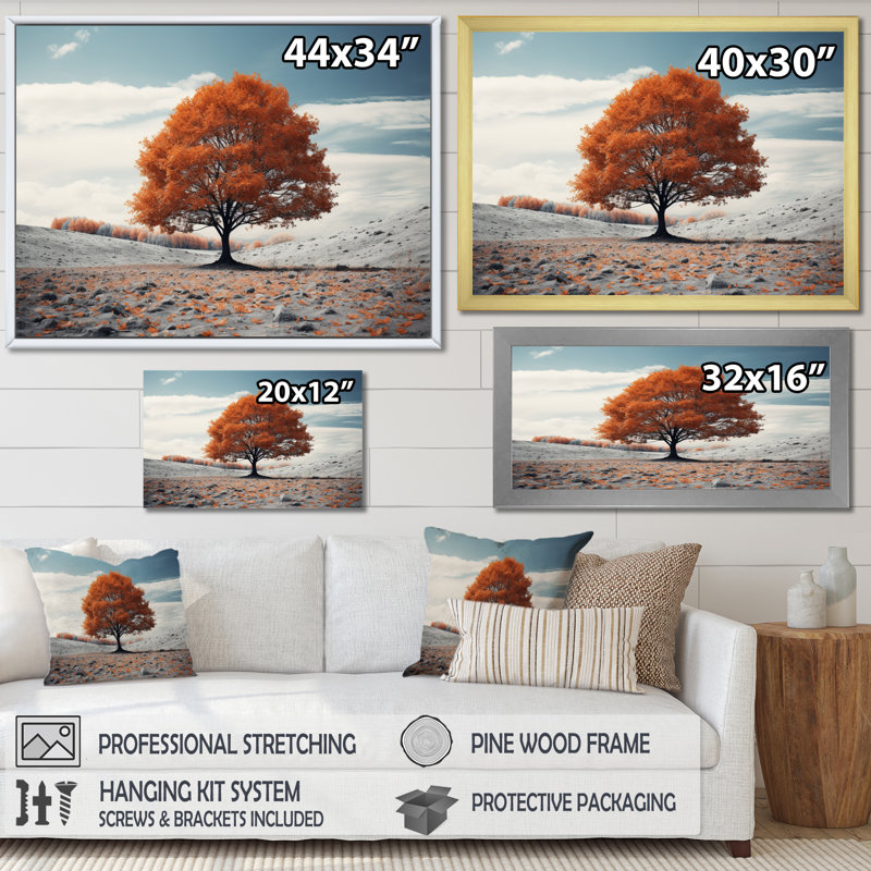 «Red Tree Autumn Whispers - Landscape Trees», reproduction d'art sur toile, H 12 po x l 20 po x P 1 po, Cadre flottant doré