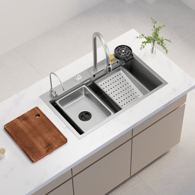 3Starz 31.5 Inch Grey Nano Kitchen Sink, Single Bowl Workstation With Pull-Down Faucet Complete Set With Multifunctional Accessories & Waterfall Spout