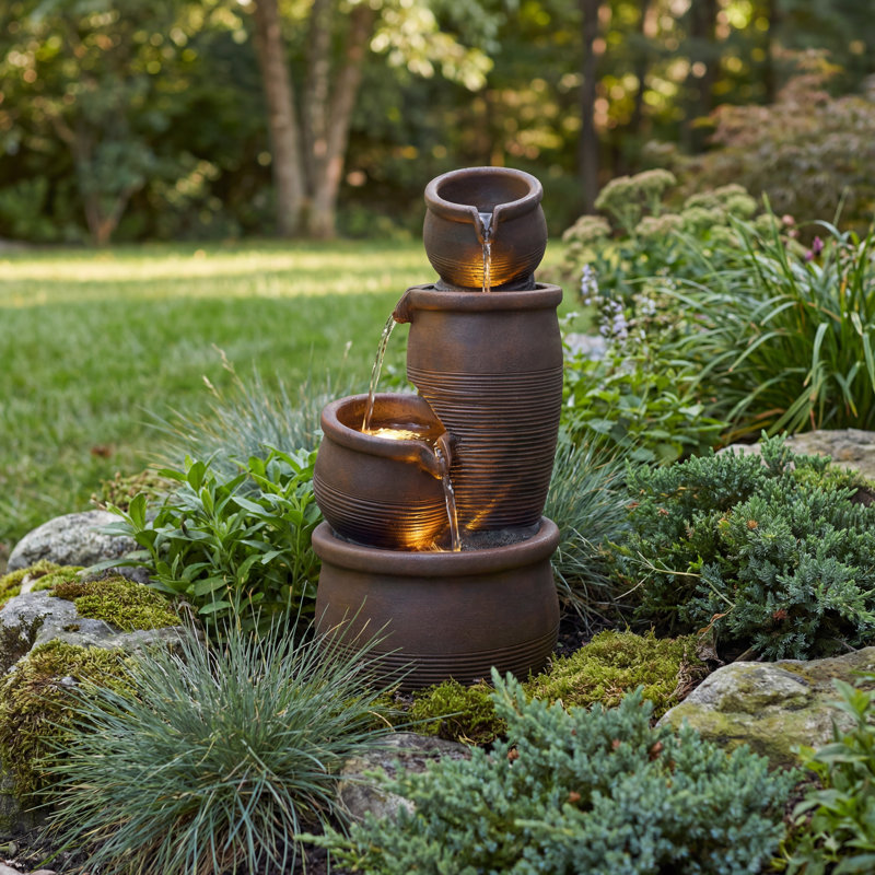 Rustic 4-Tier Clay Pot Outdoor Fountain With LED Light – Relaxing Water Feature For Garden, Patio, Or Home Décor