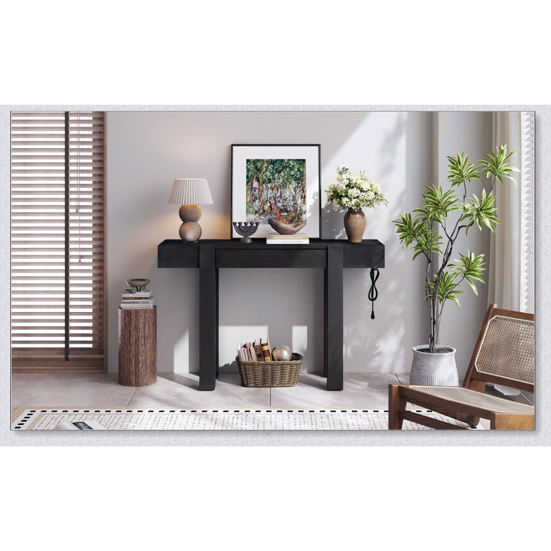 Console rustique minimaliste avec tiroir caché, prise de courant latérale, table d'entrée en bois pour les entrées, les salons et les bureaux à domicile