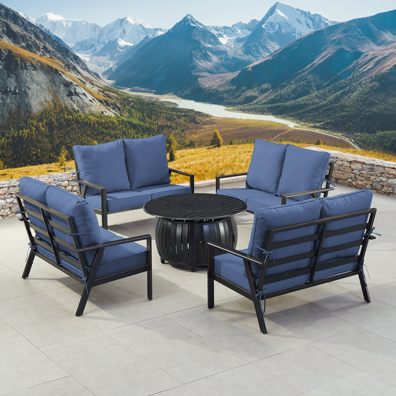 Ensemble de table de foyer en aluminium noir avec quatre causeuses profondes, Bleu