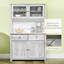 Buffet de cuisine 63,5 "avec huche, armoire de rangement pour garde-manger avec 4 tablettes, tiroirs, portes en verre encadrées, comptoir ouvert pour micro-ondes, frêne