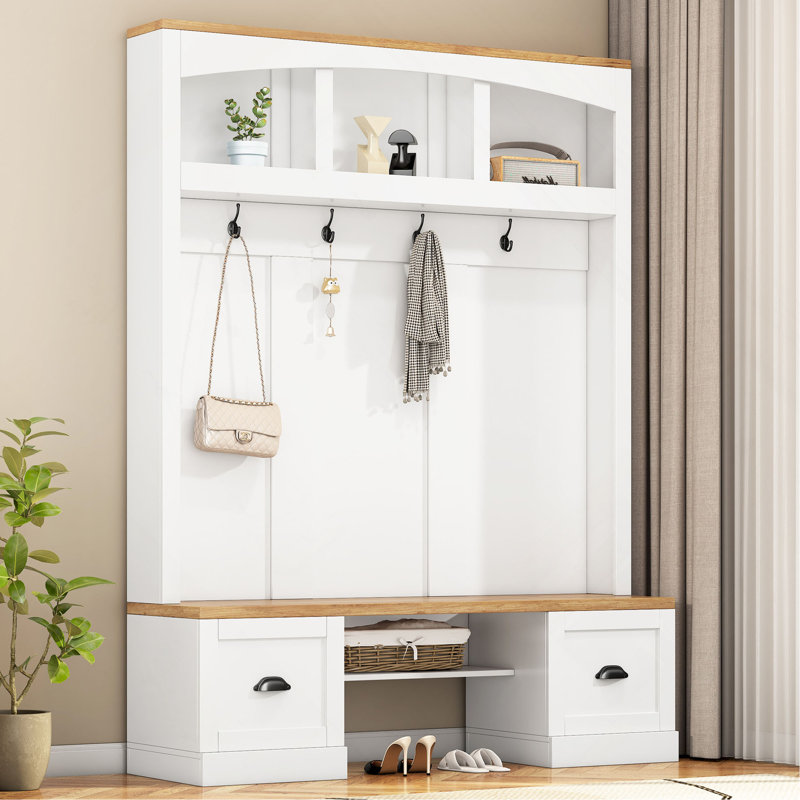 4-in-1 Hall Tree With Wood Grain Bench, Coat Rack, Bottom Cabinets And Adjustable Shelves, White