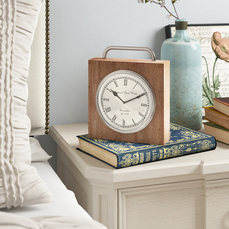 Traditional Analog Solid Wood Quartz Movement / Crystal Tabletop Clock in Brown, 11" H x 10" W x 3" D
