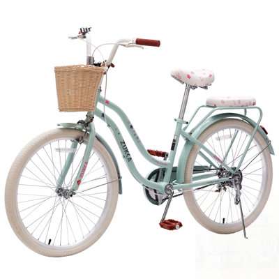 Vélo de course pour filles, vitesse unique avec panier en osier et support arrière, cadre en acier à haute teneur en carbone pour une conduite en ville confortable