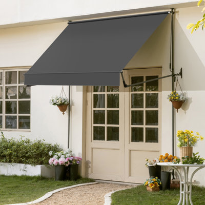 Store banne rétractable manuel HOMEDEMO, sans perçage, pour jardin, terrasse ou porche extérieur, gris, 118 po L x 83-118 po H
