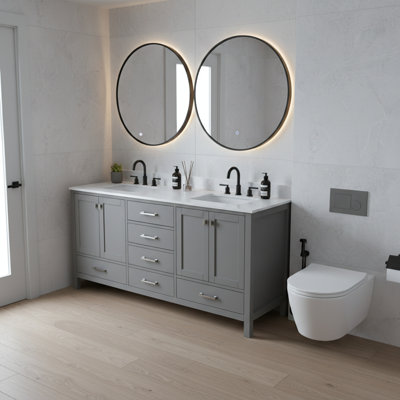 Meuble-lavabo 72 po, meuble-lavabo avec cadre en bois massif, comptoir autoportant avec 2 lavabos gris