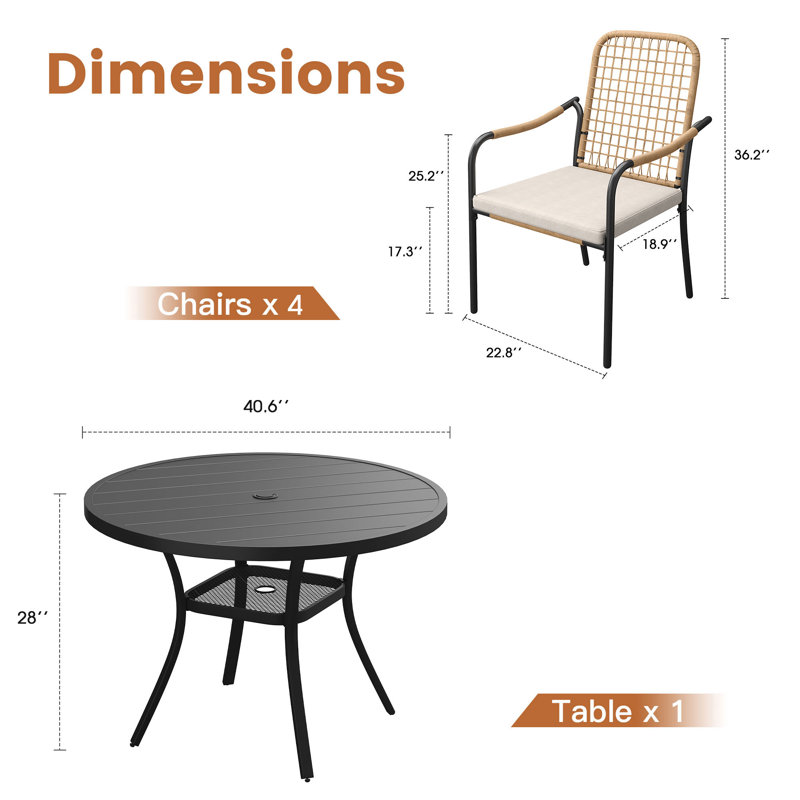 Ensemble de salle à manger de patio pour 4 personnes avec chaises empilables en rotin, Noir
