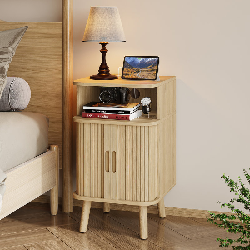 Regar Fluted Nightstand with Charging Station, Oak, Set of 2