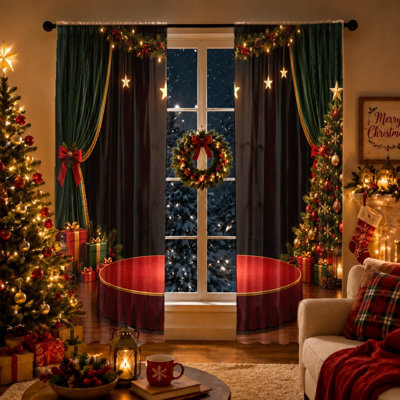 2Pcs Christmas Tree Window Curtains, Festive Winter Scene Light Filtering Curtains For Living Room Bedroom Kitchen Home Decor, Rod Pocket Drapes, Festive Room Decor