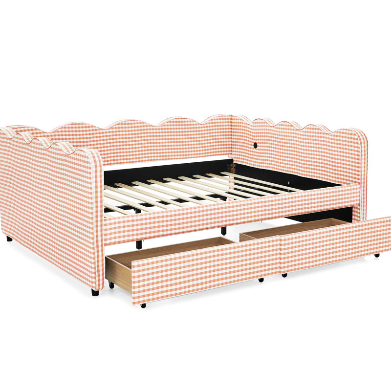 Lit de jour grand format en tissu de lin, motif ondulé, deux tiroirs de rangement, port, pour lit confortable, Rose
