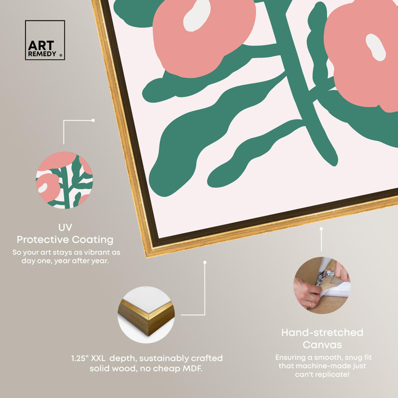 Theres Blush Flowers Pink and Green Canvas Print with Gold Frame