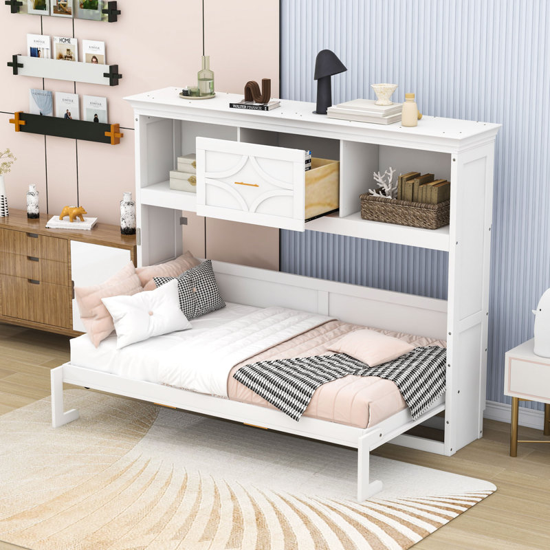 Lit escamotable 1 place en bois avec station de charge et tablettes, Blanc