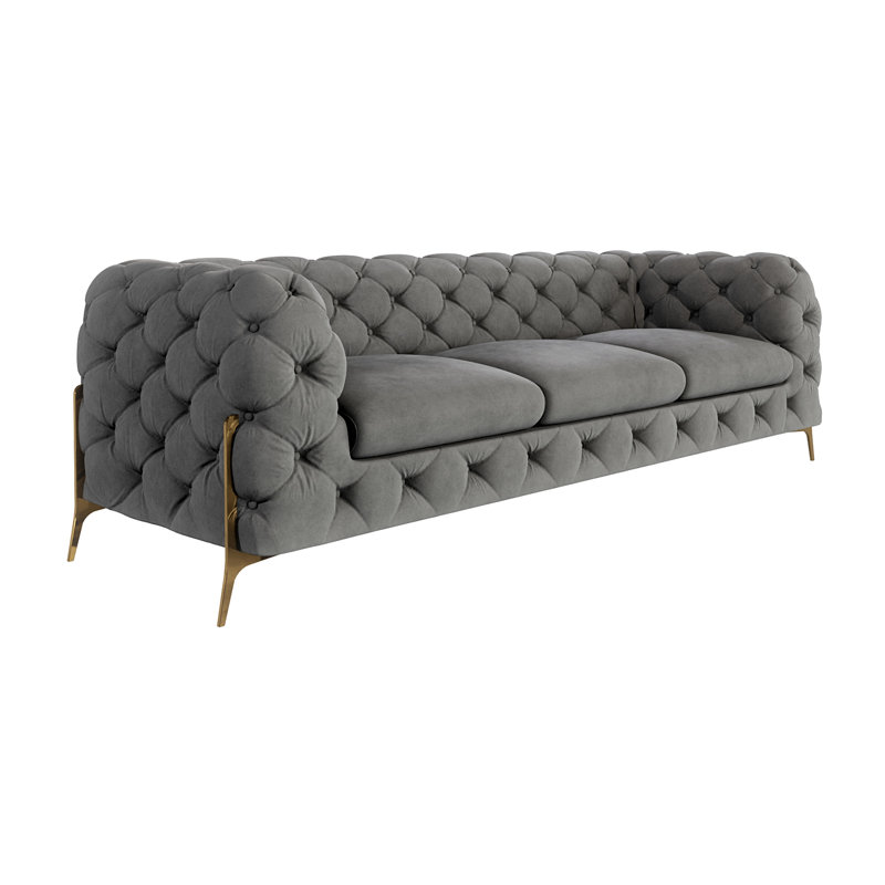  3 seater Chesterfield Sofa with Gold Metal Legs, Grey