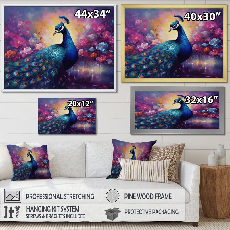 «Vibrant Peacock II» - art mural paon, H 24 po x l 32 po x P 1 po, Toile tendue