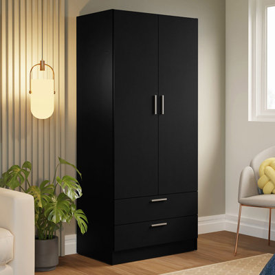 Londi 2 Door 2 Drawer Storage Cabinet Wardrobe with Shelf and Hanging Space 31"L Wooden Armoire Closet Organization Unit for Bedroom and Office