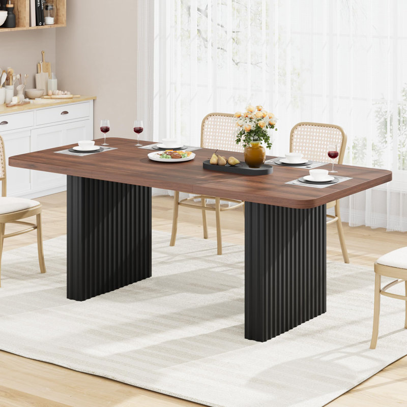 Table de salle à manger rectangulaire moderne pour table de ferme avec plateau en bois robuste et couleur noyer, Brun / Noir