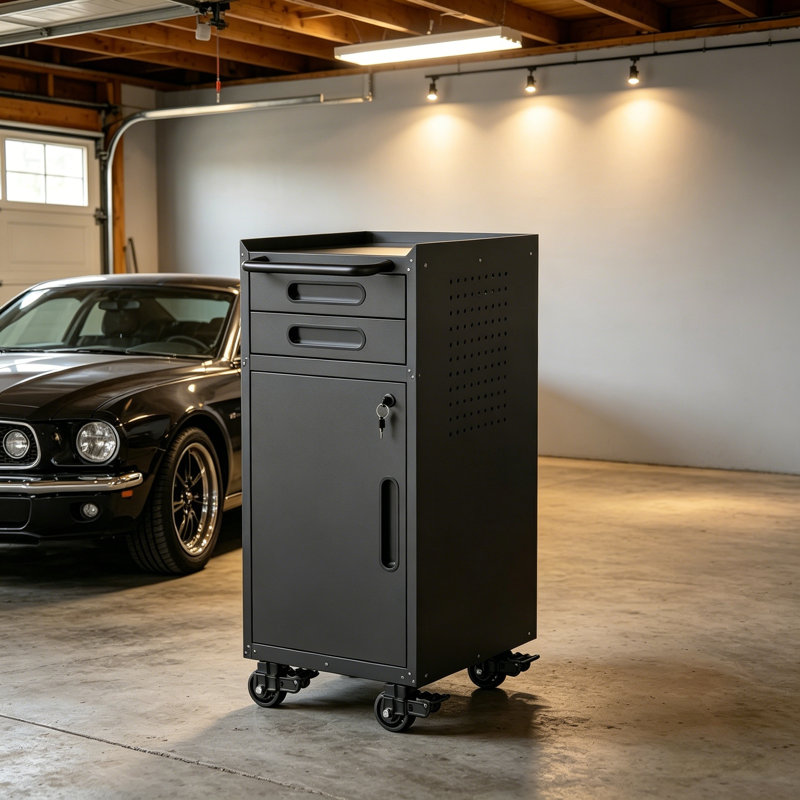 34.3-Inch Narrow Rolling Tool Cabinet With Lockable Door, Double Drawers, Large Handles, And Metal Construction, Perfect For Storage In Small Spaces.