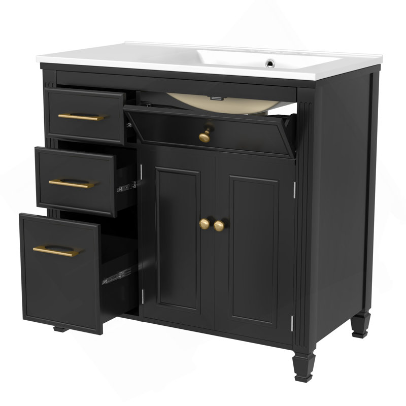 36" Bathroom Vanity With Sink, Ceramic Sink, One Tip-Out Drawer, 3 Side Drawers, Adjustable Shelf, Black, Black