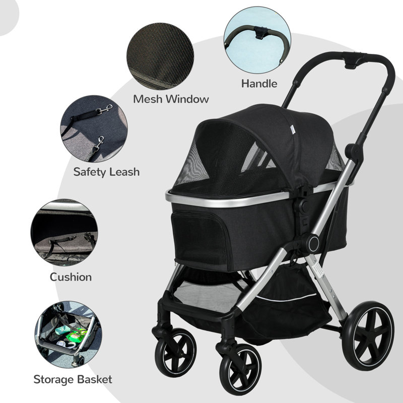 PawHut Black Aluminum 3-in-1 Pet Stroller with Storage Basket