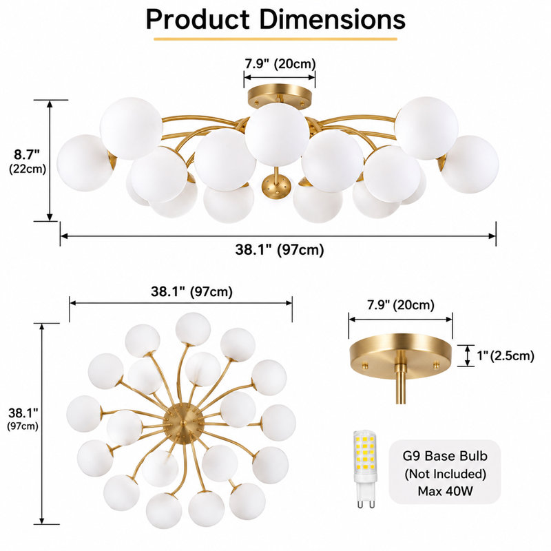 Lustre semi-encastré 38 "en forme de globe de 38 pouces avec abat-jour en verre blanc, plafonnier Spoutnik moderne