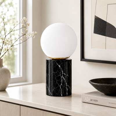 11.5" Modern Natural Black Marble Table Lamp with Milky Glass Globe Shade
