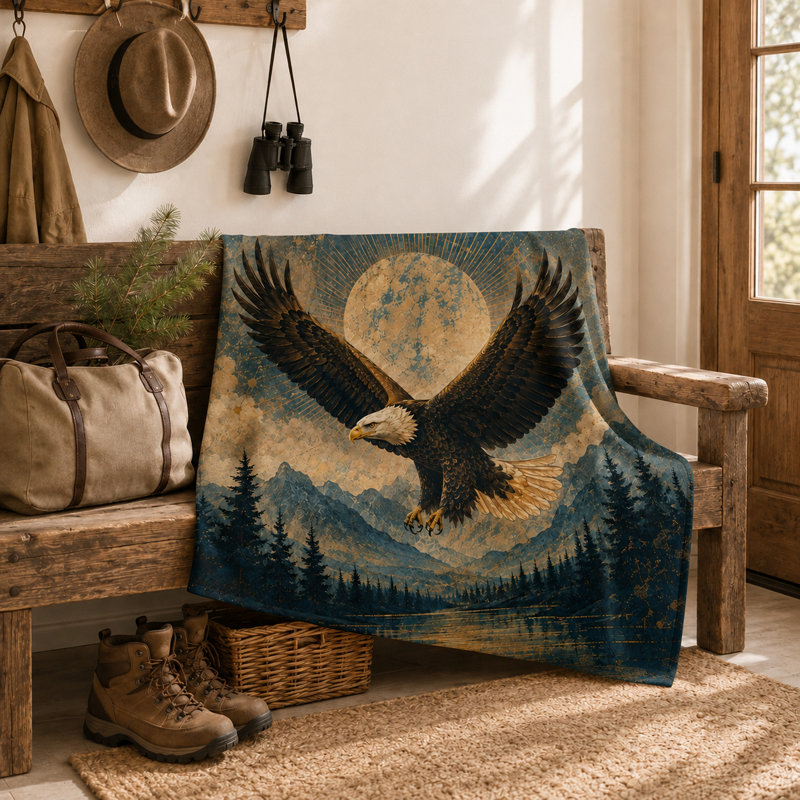 Couverture vintage en flanelle rustique avec motif d'aigle en vol et paysage de montagne au clair de lune, idéale pour canapé, lit ou chalet, 152 x 203 cm (60 x 80 pouces).