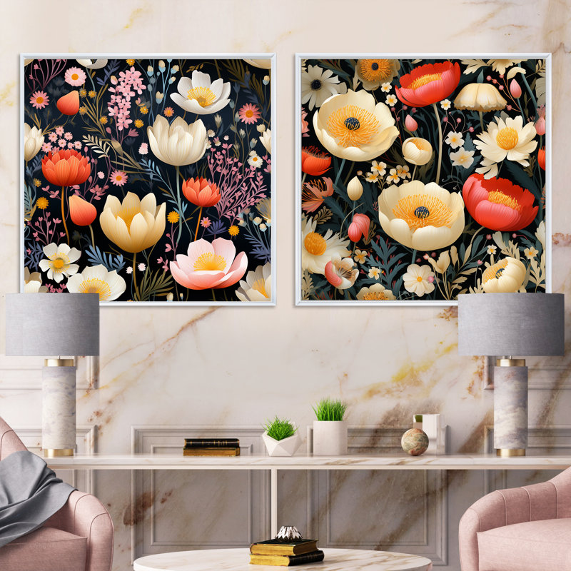Philomena - Ensemble de 2 collages carrés botaniques abstraits, Cadre flottant blanc, H 16 po x l 33 po