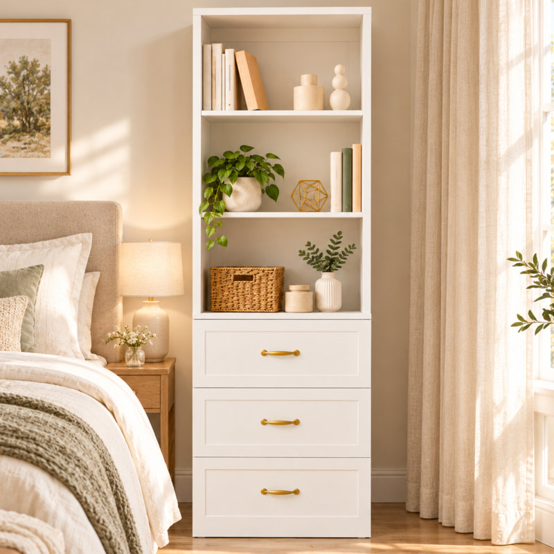 White 2-Piece Storage Set with Wall-Mounted Display Cabinet and 3-Drawer Cabinet