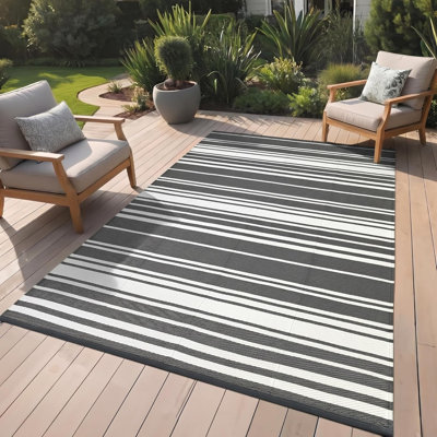 8'x10' FT Striped Gray White Large Outdoor Rug, 320gsm PP Woven Waterproof UV Resistant Reversible Foldable Mat for Small Patio Balcony RV Picnic Camping