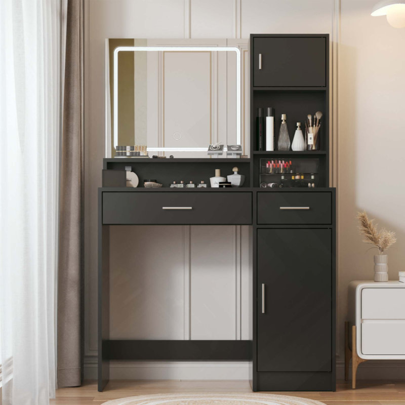 Vanity Desk With Mirror And LED Light Strip,Dressing Table With Large Drawer, 3 Level Storage Dresser & 3 Lighting Modes Adjustable Brightness, Suitable For Bedroom