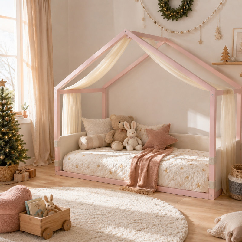 Lit à baldaquin simple Lympsham avec dessus en gaze aéré et rails de protection anti-chocs en velours de luxe, Rose