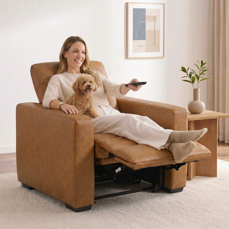zero clearance recliner  Power Recliner Chair with Power Headrest & Wood Legs, Faux Leather, Tan