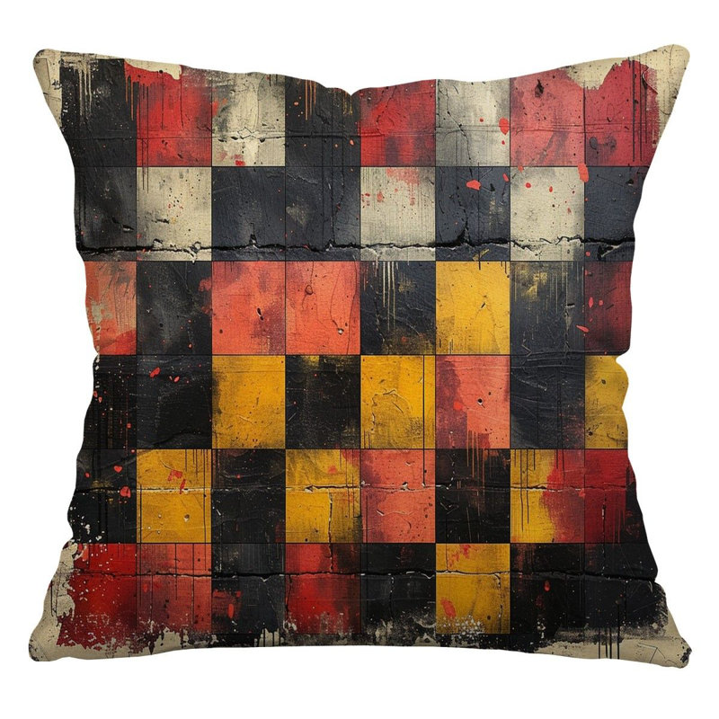 Coussin Blossom Trees, H 14 po x l 14 po, Rouge / jaune géométrique