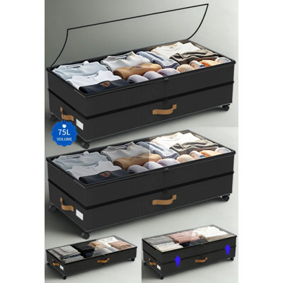 Under Bed Storage Containers With Wheels, 2-Pack Large 75L Capacity Adjustable Height Rolling Storage Bins With Clear Lids For Clothes, Shoes, Blankets And Seasonal Items