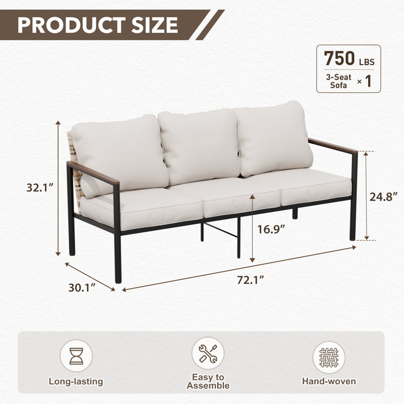 Outdoor Patio Metal Frame Wicker Backrest Wood Grain Armrest 3-Seat Sofa with Cushions, Beige