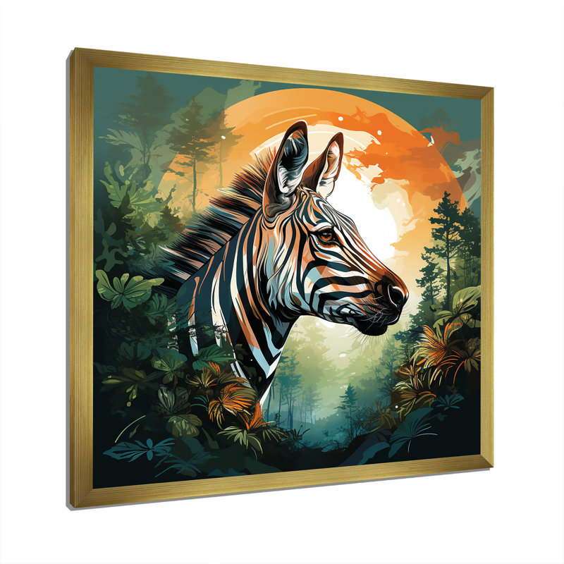Elegant Sunset Zebra Portrait - Art mural animal zèbre, Cadre doré simple, H 36 po x l 36 po x P 1,5 po