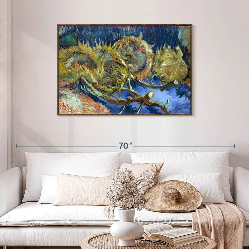 Quatre tournesols passés à la graine, Cadre flottant en noyer, 43 po x 29 po