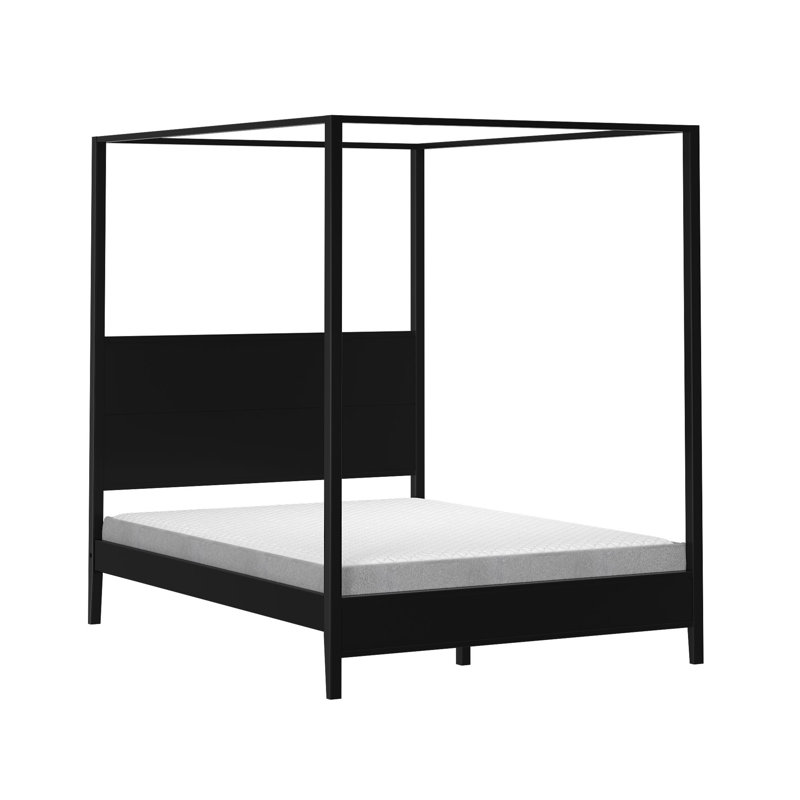 Haven Canopy Bed with Square Post and Wood Headboard, Black, Queen
