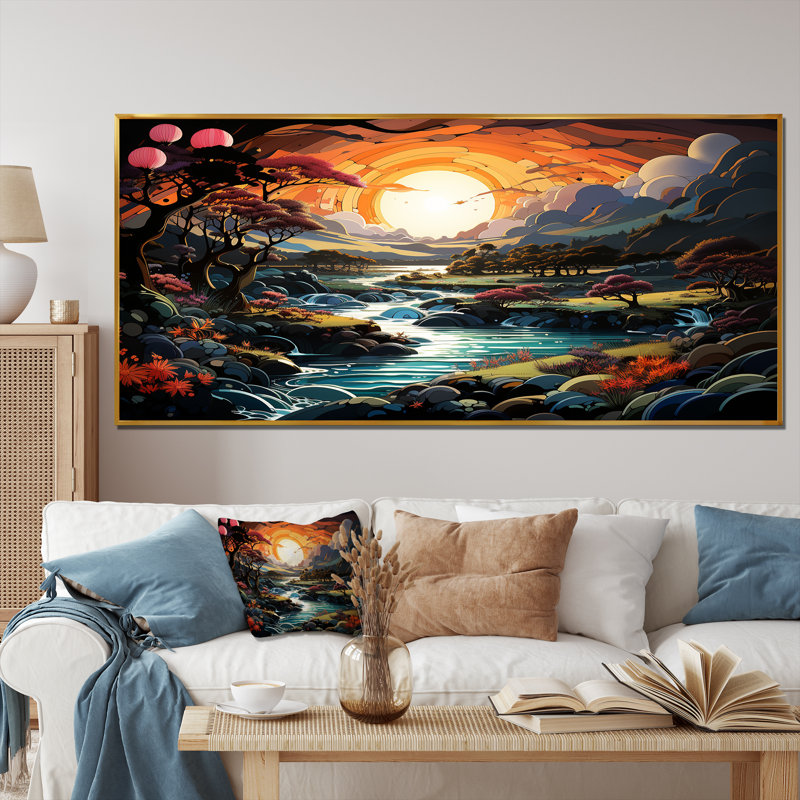 «Yellow Enchanted Meadows Fantasy I», art mural abstrait, Cadre de coin argenté fermé, H 30 po x l 40 po x P 1,5 po