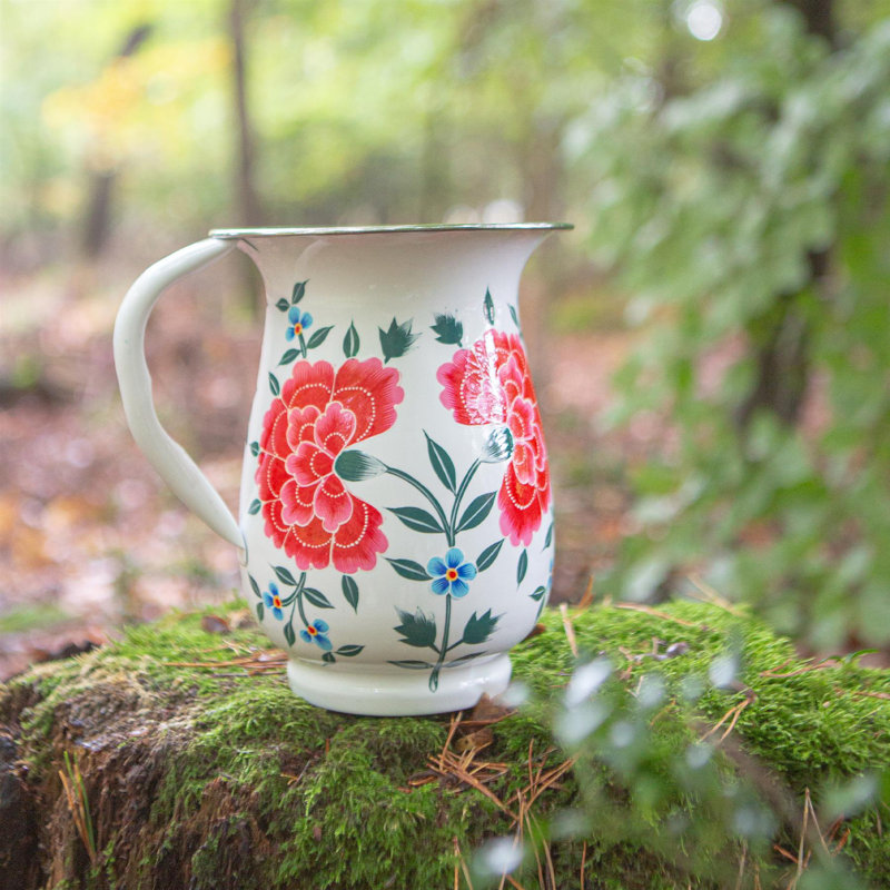 East Urban Home Hand-Painted Picnic Water Jug - 1.7L - Raspberry Peony, White