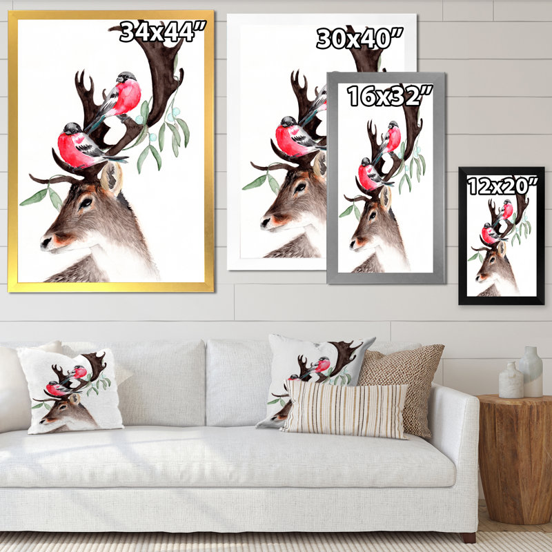 Cerf avec deux bouvreuils rouges - reproduction sur toile, Toile avec cadre de coin noir fermé, H 20 po x l 12 po