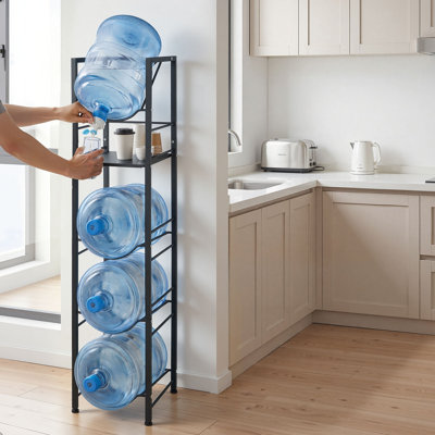 Water Jug Holder, 5 Tiers 3 and 5 Gallon Water Bottle Holder for 4 Bottles, Heavy Duty Jug Rack Organizer with Storage Shelf, Adjustable Feet, and Handle, for Kitchen, Office, Living Room, Black