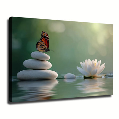 Zen Stacked Stones Lotus And Butterfly Spa Nature Art, Large Gallery Wrapped Canvas Wall Art Print For Living Room Bedroom