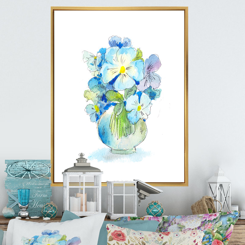 Bouquet de fleurs sauvages bleues - sur, H 40 po x l 30 po x P 1,5 po, Cadre flottant doré