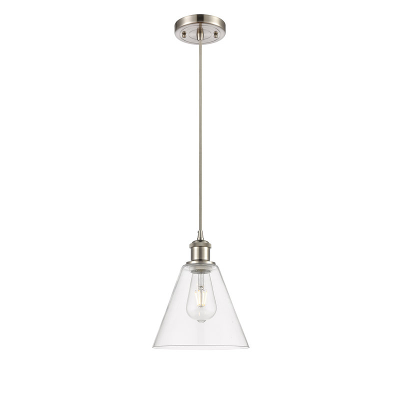Luminaire suspendu conique à 1 lumière Halyn, H 11,75 po x l 8 po x P 8 po, Transparent, Nickel satiné brossé