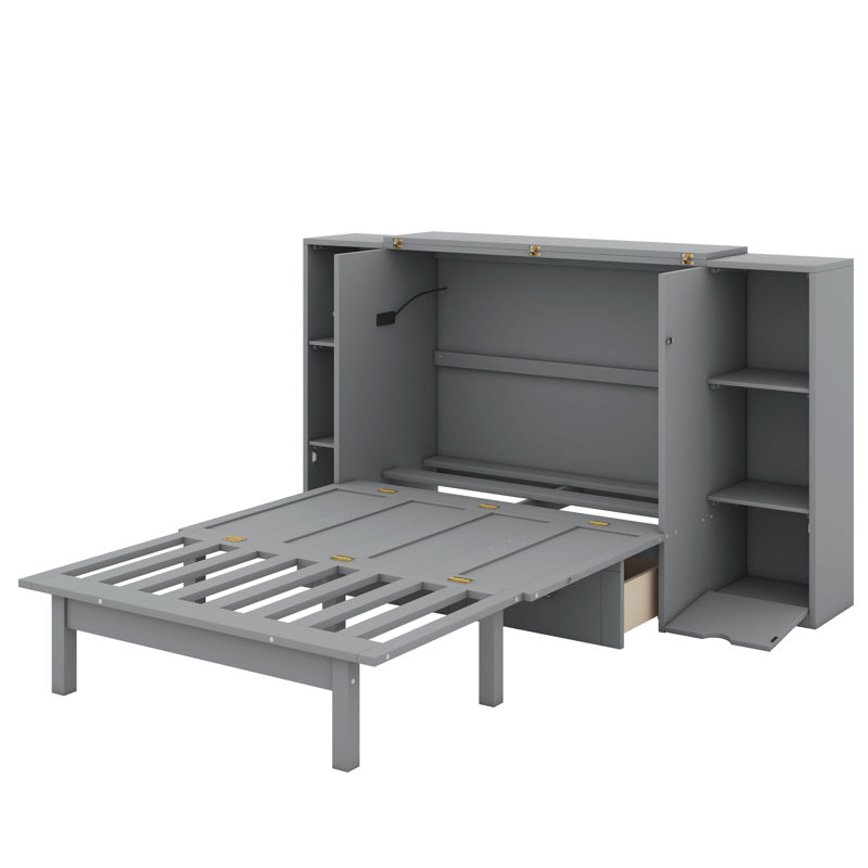 Grand lit escamotable avec tablettes, tiroirs et port USB, Gris