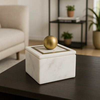Scarbrough Decorative Box Marble Stone Metal Brass Modern Storage Container with Removable Lid Contemporary Accent Box for Shelf or Tabletop Display Home Organizer Accessory Modern Design